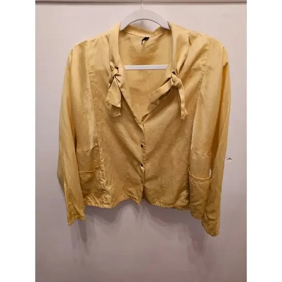 Babette Vintage Yellow Longsleeve Blouse Top with Tie Front Collar, Sz M - Picture 10 of 14